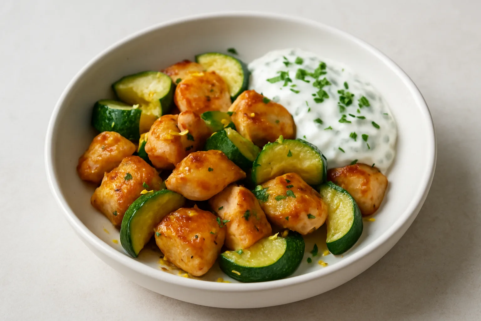Zitronen-Hähnchen mit gebratener Zucchini und cremigem Kräuterjoghurt in einer kleinen Schale
