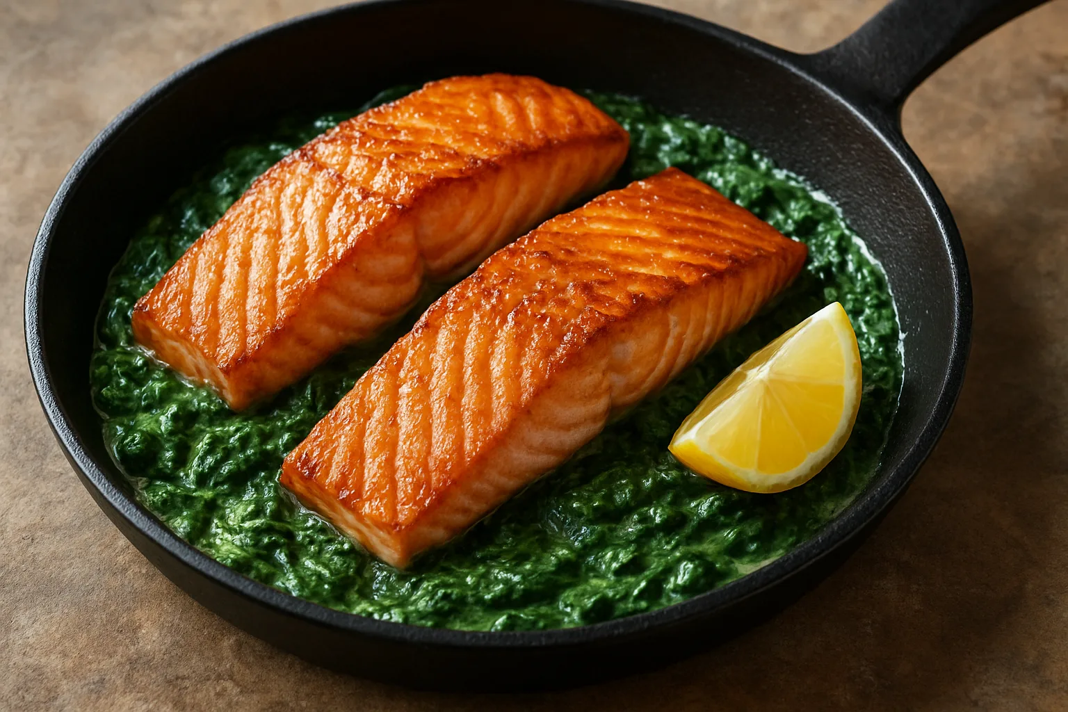 Zitronen-Lachs mit cremigem Spinat in einer Pfanne